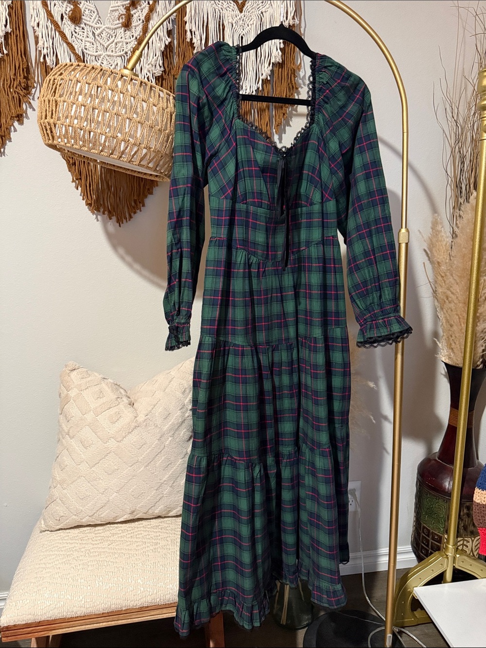 Listicle Green Plaid Tiered Maxi Dress